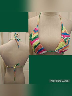 Summer Beach Striped Smocked Halter Triangle Bikini Top.